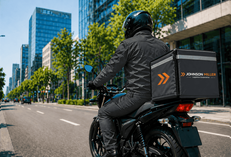 Mensajero motorizado realizando entregas urbanas para Johnson Miller Logística
