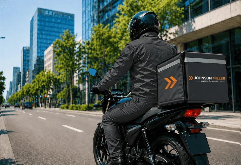 Mensajero motorizado realizando entregas urbanas para Johnson Miller Logística